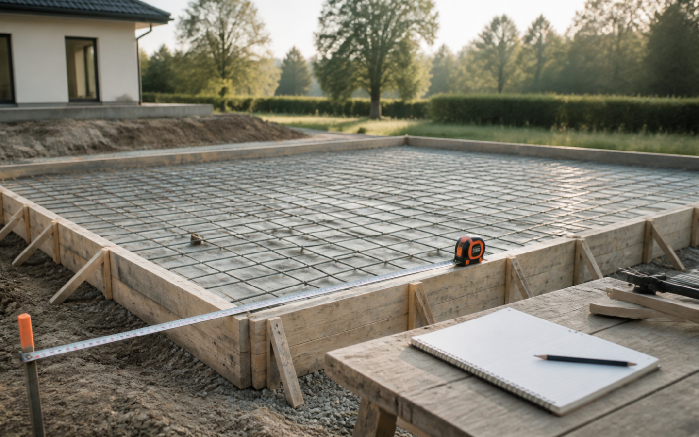 Stačiakampės betono plokštės klojiniai su ištiesta matavimo juosta ir užrašų knygele