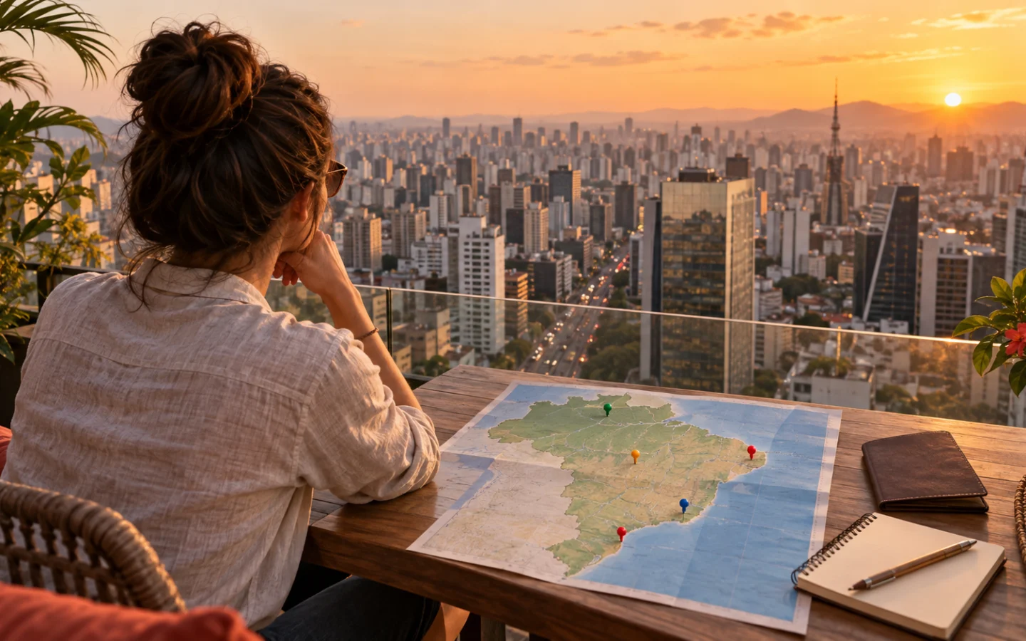 Keliautoja virš São Paulo panoramos planuoja Brazilijos miestų maršrutą prie žemėlapio