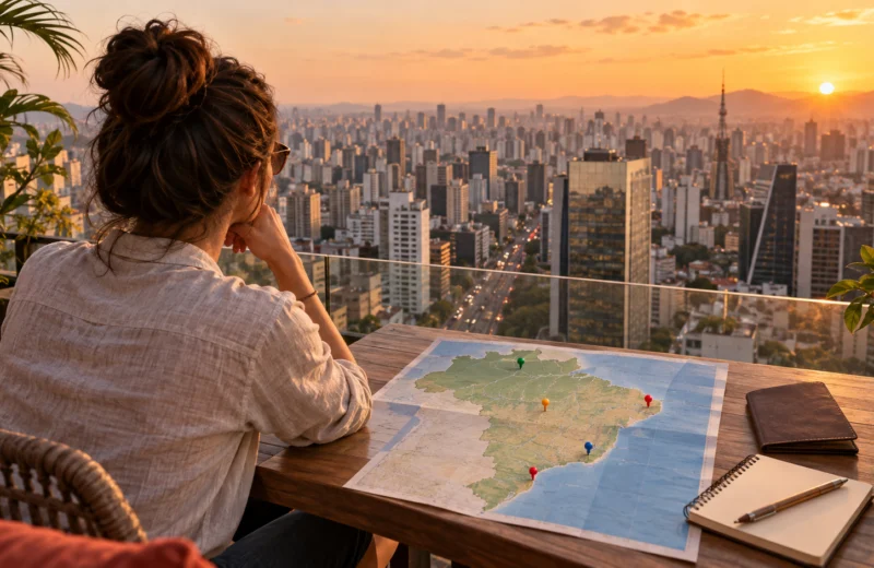 Keliautoja virš São Paulo panoramos planuoja Brazilijos miestų maršrutą prie žemėlapio