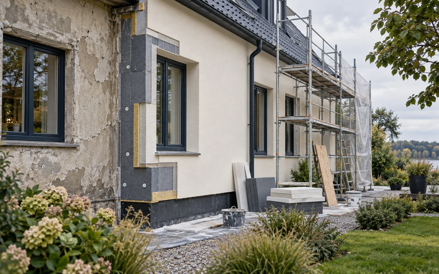 Renovuojamas namo fasadas su sena apdaila, ištisine išorine izoliacija ir baigtu šviesiu tinku