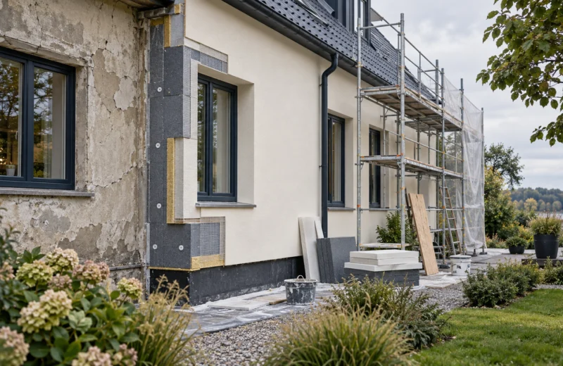 Renovuojamas namo fasadas su sena apdaila, ištisine išorine izoliacija ir baigtu šviesiu tinku