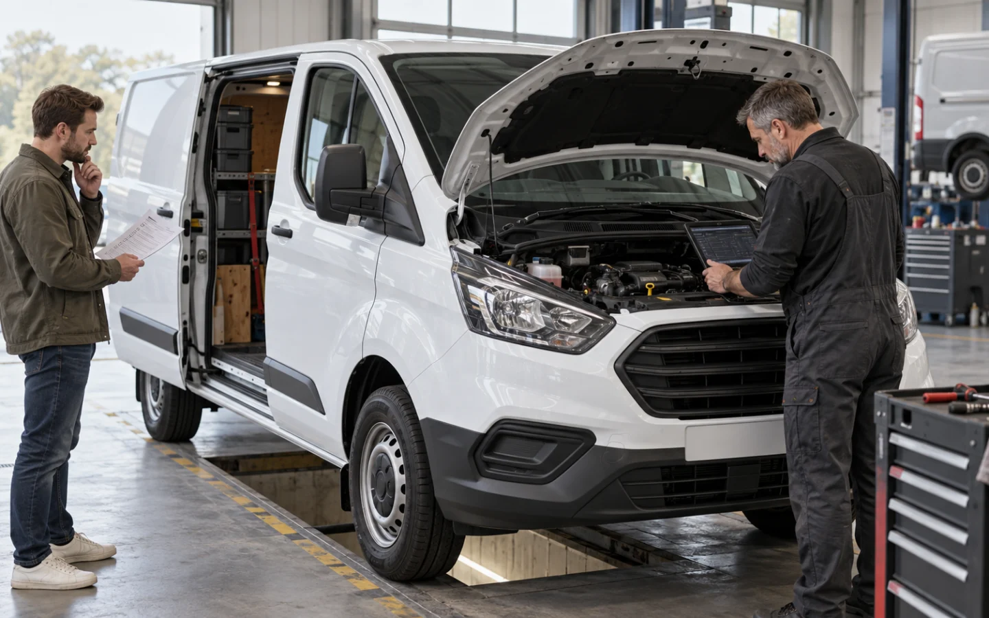 Dirbtuvėse mechanikas diagnostikos įranga tikrina baltą vidutinio dydžio furgoną, o pirkėjas laiko patikros lapą