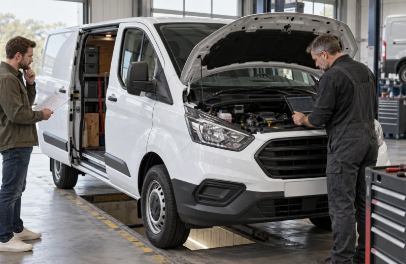 Dirbtuvėse mechanikas diagnostikos įranga tikrina baltą vidutinio dydžio furgoną, o pirkėjas laiko patikros lapą