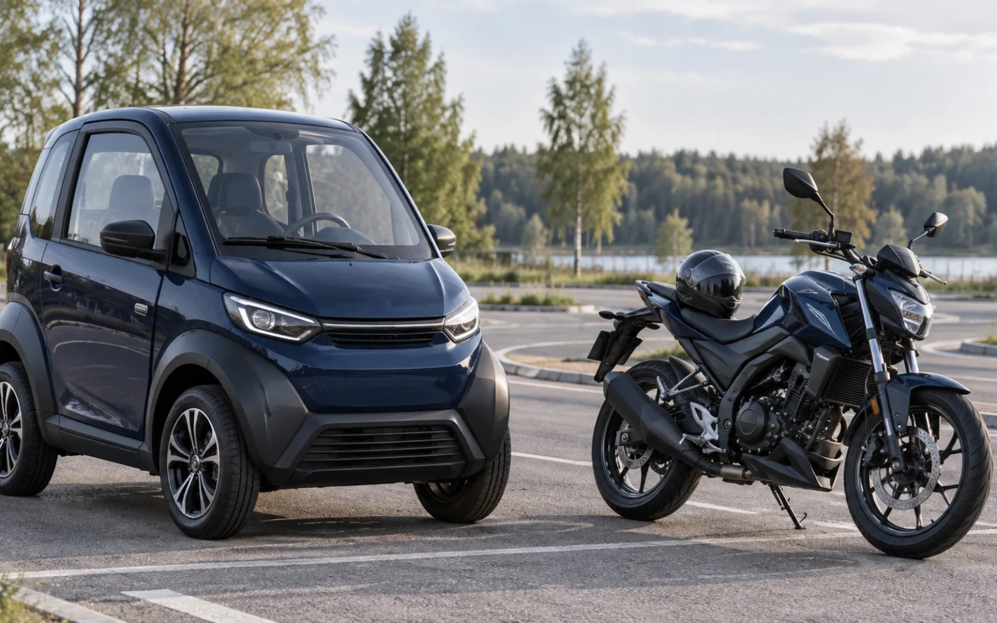 Uždaras B1 klasės keturratis ir A1 kategorijai tinkamas motociklas vairavimo aikštelėje