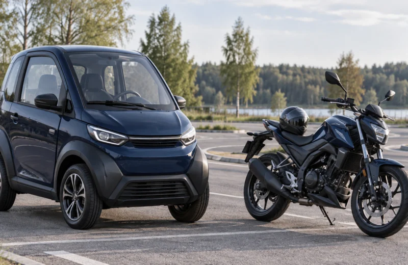 Uždaras B1 klasės keturratis ir A1 kategorijai tinkamas motociklas vairavimo aikštelėje