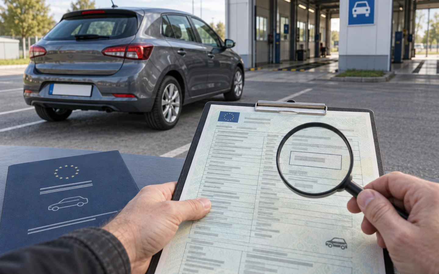 Prie techninės apžiūros centro stovintis automobilis ir didinamuoju stiklu tikrinamas anonimizuotas registracijos dokumentas