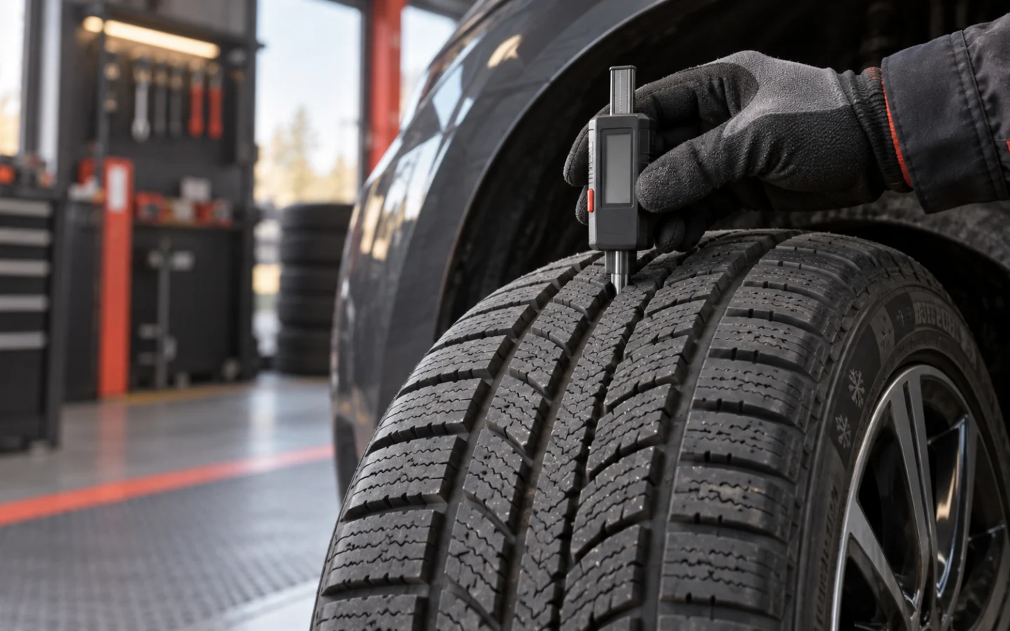 Protektoriaus gylio matuoklis tikrina žieminės automobilio padangos griovelį