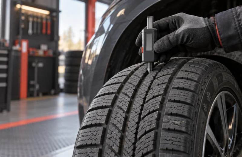 Protektoriaus gylio matuoklis tikrina žieminės automobilio padangos griovelį