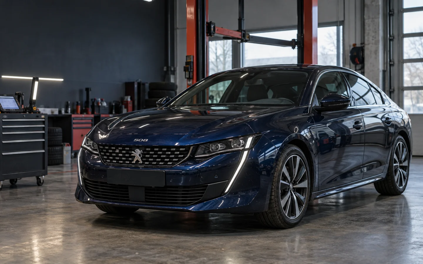 Tamsiai mėlynas Peugeot 508 tipo fastbekas apžiūros aikštelėje prieš pirkimą