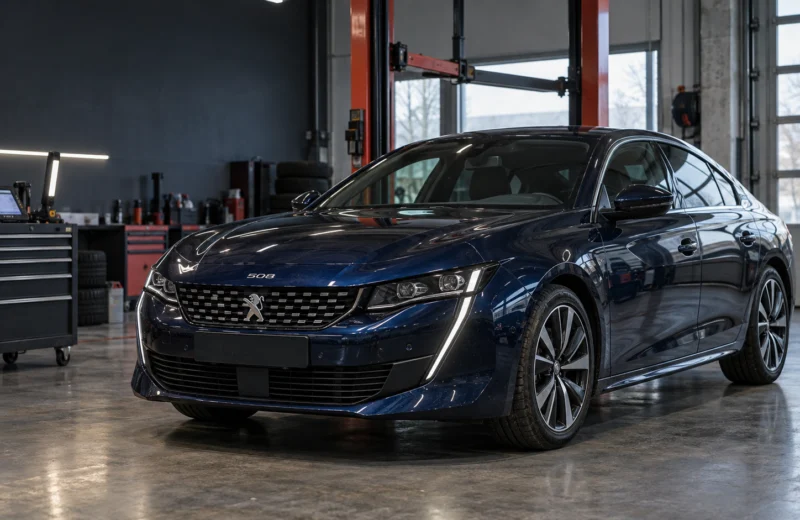 Tamsiai mėlynas Peugeot 508 tipo fastbekas apžiūros aikštelėje prieš pirkimą